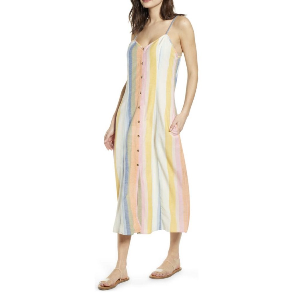NWT Billabong Lucky Us Light Multicolor Striped Button Front Midi Dress, L